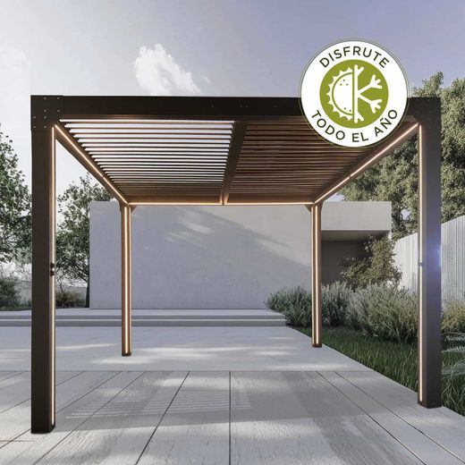 Pérgola Bioclimática Gardiun Somerset 300x300x248 cm (9m²) en Aluminio Antracita con Lamas Ajustables e Iluminación LED | Cenador de Exterior Moderno y Funcional