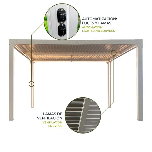 Bioklimatische Pergola Somerset 3x4 aus weißem Aluminium mit Lamellen und LED