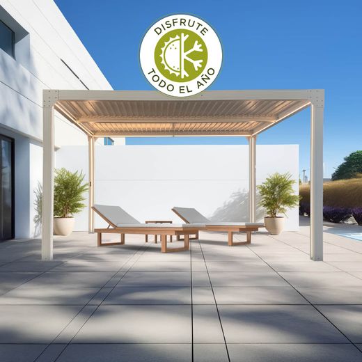 Bioklimatische Pergola Somerset 3x4 aus weißem Aluminium mit Lamellen und LED