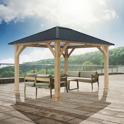 Pérgola de Jardín Gardiun Tucson 10,72 m² - 362x297x283 cm - Madera Laminada con Postes 14x14 cm y Cubierta de Acero - Fijación Incluida