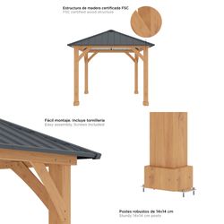 Pérgola de Jardín Gardiun Tucson 10,72 m² - 362x297x283 cm - Madera Laminada con Postes 14x14 cm y Cubierta de Acero - Fijación Incluida