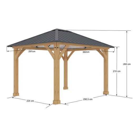 Pérgola de Jardín Gardiun Tucson 10,72 m² - 362x297x283 cm - Madera Laminada con Postes 14x14 cm y Cubierta de Acero - Fijación Incluida
