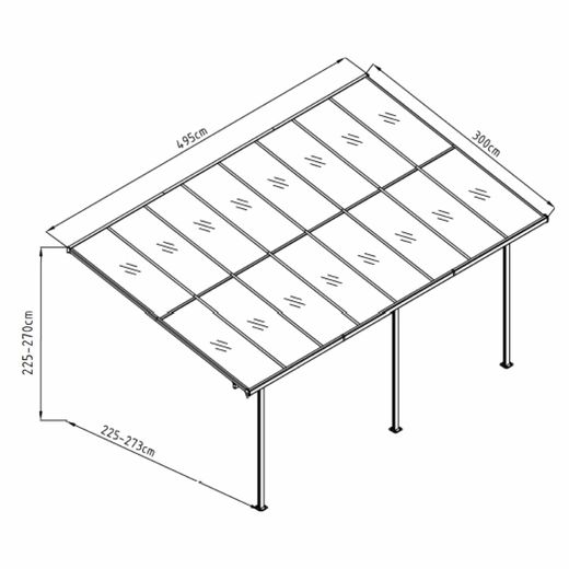 Pérgola de Pared para Jardín Gardiun Elliot 15 m² - 495x300x225/270 cm - Estructura de Aluminio y Techo de Policarbonato - Diseño Moderno y Resistente para Espacios Exteriores