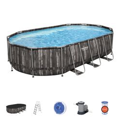 Piscine Démontable Tubulaire Bestway Power Steel Ovale Imitation Bois 610x366x122 cm avec Filtre