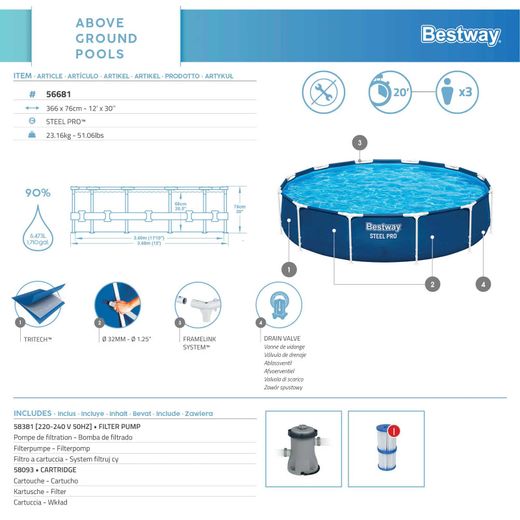 Piscine tubulaire démontable Bestway Steel Pro Max Ø366 x 76 cm avec filtre à cartouche