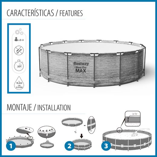 Piscina Tubolare Rotonda Bestway Steel Pro Max 427x122 cm con Filtro a Cartuccia, Copertura e Scala