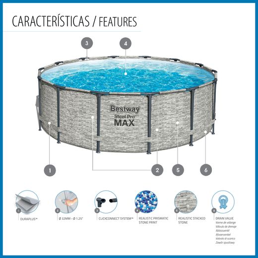 Piscina Tubolare Rotonda Bestway Steel Pro Max 427x122 cm con Filtro a Cartuccia, Copertura e Scala