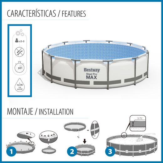 Piscina Tubolare Rotonda Bestway Steel Pro Max 457x122 cm con Filtro a Cartuccia e Scala