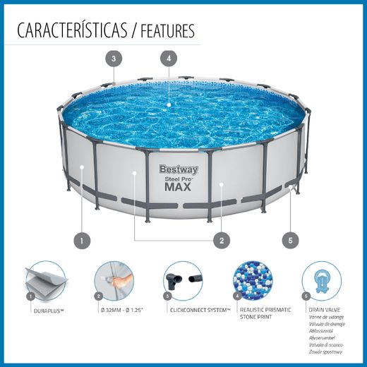 Piscina Tubolare Rotonda Bestway Steel Pro Max 457x122 cm con Filtro a Cartuccia e Scala