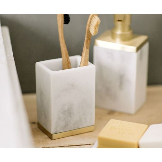 Portacepillos, 7 x 5 x 11 cm, de poliresina y metal en blanco | Colección Square