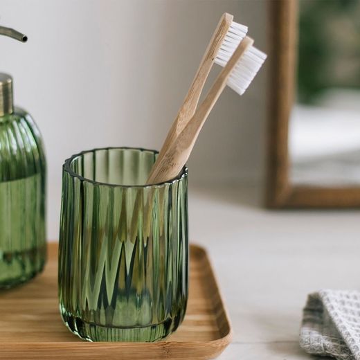 Zahnbürstenhalter, 7 x 7 x 10 cm, aus Glas in Grün | Kollektion Green