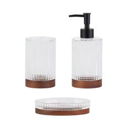 Portacepillos, 7 x 7 x 12 cm, de vidrio y madera de acacia en transparente y natural | Colección Tritón