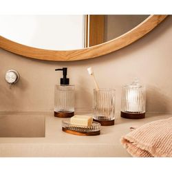 Portacepillos, 7 x 7 x 12 cm, de vidrio y madera de acacia en transparente y natural | Colección Tritón