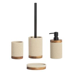 Porta-spazzolino, 8 x 8 x 11 cm, in poliresina e legno di acacia in beige e naturale | Collezione Striped