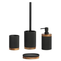 Porta-spazzolino, 8 x 8 x 11 cm, in poliresina e legno di acacia in nero e naturale | Collezione Striped