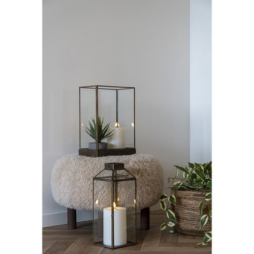 Pouf, 50 x 50 x 33 cm, in tessuto e legno colore sabbia | Collezione Inverness