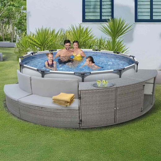 Revestimiento semicircular para piscina K2O Half Surround 306, 4 piezas, acero y ratán sintético