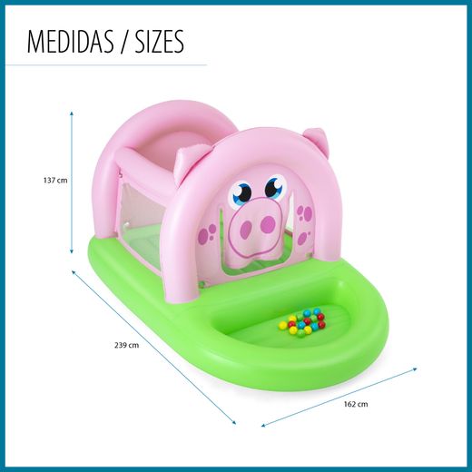 Trampolino Gonfiabile Bestway Oinkster Pig con 15 Palline e Rete di Sicurezza Rosa e Verde 239x162x137