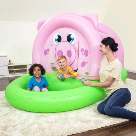 Trampolino Gonfiabile Bestway Oinkster Pig con 15 Palline e Rete di Sicurezza Rosa e Verde 239x162x137