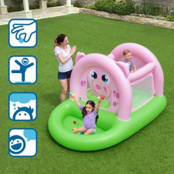 Trampolino Gonfiabile Bestway Oinkster Pig con 15 Palline e Rete di Sicurezza Rosa e Verde 239x162x137