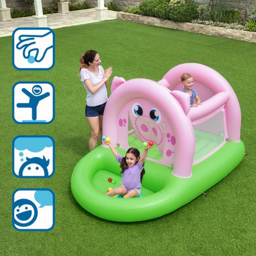 Trampolino Gonfiabile Bestway Oinkster Pig con 15 Palline e Rete di Sicurezza Rosa e Verde 239x162x137