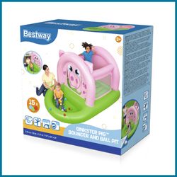 Trampolino Gonfiabile Bestway Oinkster Pig con 15 Palline e Rete di Sicurezza Rosa e Verde 239x162x137
