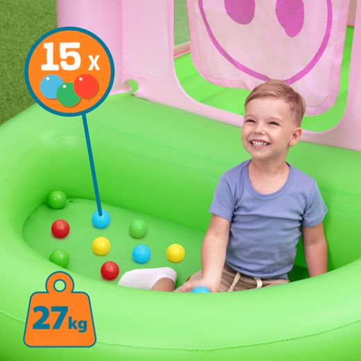 Trampolino Gonfiabile Bestway Oinkster Pig con 15 Palline e Rete di Sicurezza Rosa e Verde 239x162x137