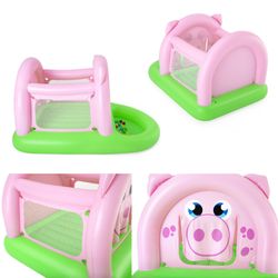 Trampolino Gonfiabile Bestway Oinkster Pig con 15 Palline e Rete di Sicurezza Rosa e Verde 239x162x137