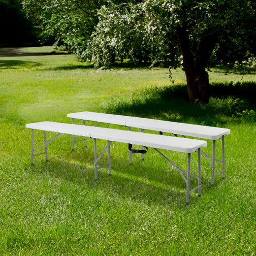 Set de 2 Bancos Plegables y Portátiles Gardiun New Koln 180x29x43 cm en Resina, Color Blanco – Ideal para Jardín, Terraza o Exterior