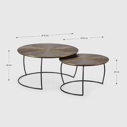 Set di 2 tavolini da salotto, 70-54 x 70-54 x 38-34 cm, in metallo con finitura oro antico | Collezione Selene