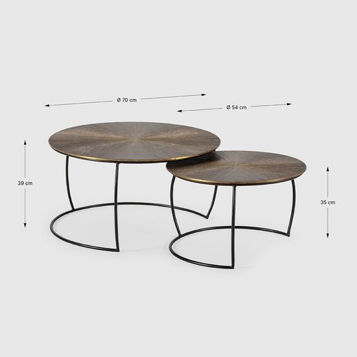 Set di 2 tavolini da salotto, 70-54 x 70-54 x 38-34 cm, in metallo con finitura oro antico | Collezione Selene