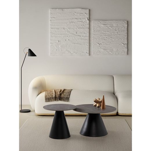 Set di 2 tavolini rotondi, 70-50 x 70-50 x 40-45,5 cm, in pietra sintetica e metallo grigio e nero | Collezione Louna