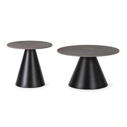 Set di 2 tavolini rotondi, 70-50 x 70-50 x 40-45,5 cm, in pietra sintetica e metallo grigio e nero | Collezione Louna