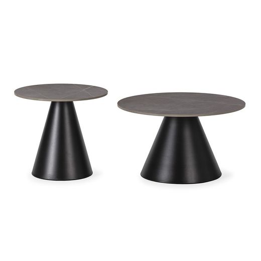 Set di 2 tavolini rotondi, 70-50 x 70-50 x 40-45,5 cm, in pietra sintetica e metallo grigio e nero | Collezione Louna