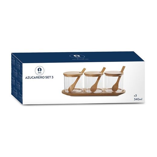 Set de 3 azucareros, 30 x 10 x 10 cm,  de borosilicato y bambú en transparente