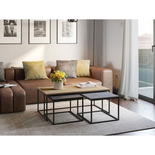 Set di 3 tavolini da salotto, 110-55,8 x 60-48 x 41,8-35,6 cm, in legno nei colori rovere, nero e grigio | Collezione Camelia