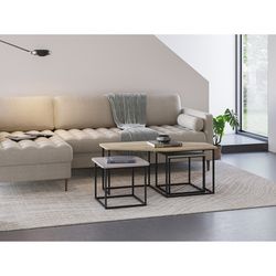 Set di 3 tavolini da salotto, 111,5-46 x 60-46 x 48-40 cm, in legno nei colori rovere, crema e verde | Collezione Zoya