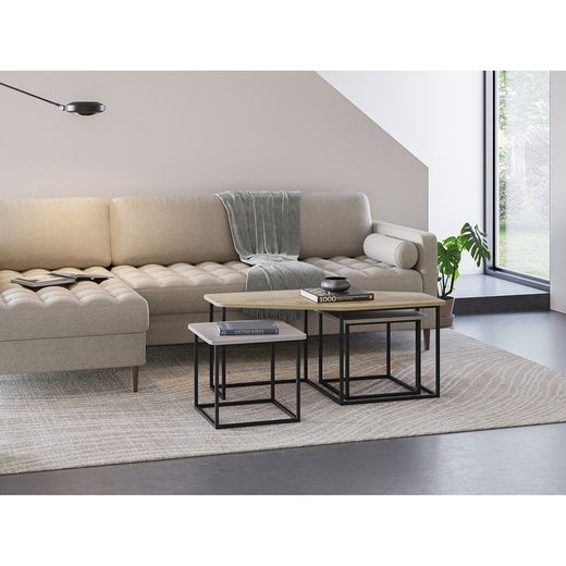 Set di 3 tavolini da salotto, 111,5-46 x 60-46 x 48-40 cm, in legno nei colori rovere, crema e verde | Collezione Zoya