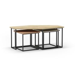 Set di 3 tavolini da salotto, 111,5-46 x 60-46 x 48-40 cm, in legno con finiture rovere, terracotta e verde | Collezione Zoya