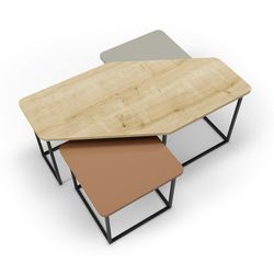 Set di 3 tavolini da salotto, 111,5-46 x 60-46 x 48-40 cm, in legno con finiture rovere, terracotta e verde | Collezione Zoya