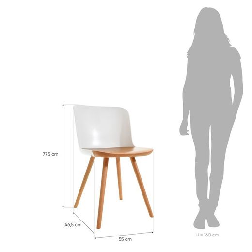 Sedia da pranzo, 55 x 46,5 x 77,5 cm, in legno di faggio naturale e policarbonato bianco | Collezione Jaunti