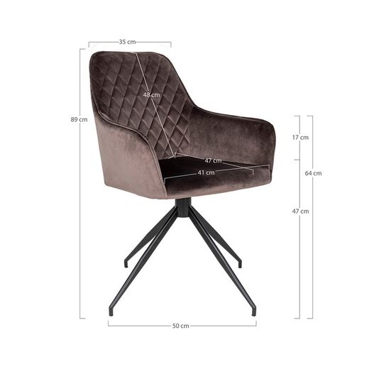 Sedia da pranzo girevole, 62 x 56 x 89 cm, in velluto colore topo | Collezione Harbo