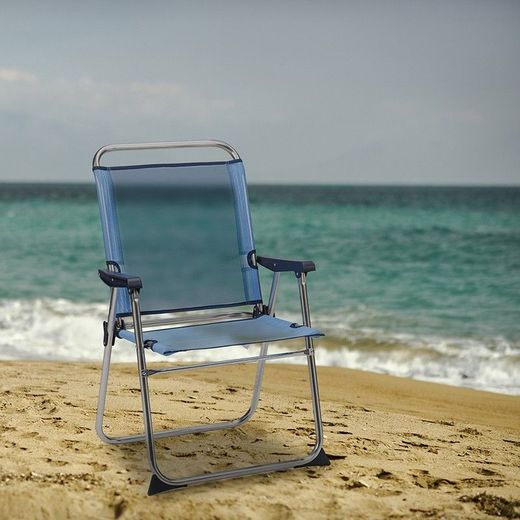 Sedia da spiaggia pieghevole con braccioli, 58 x 58 x 90 cm, in alluminio e textilene blu | Collezione Beach