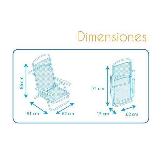 Sedia da spiaggia pieghevole con braccioli, 62 x 81 x 86 cm, in alluminio e textilene, blu e bianco | Collezione Beach