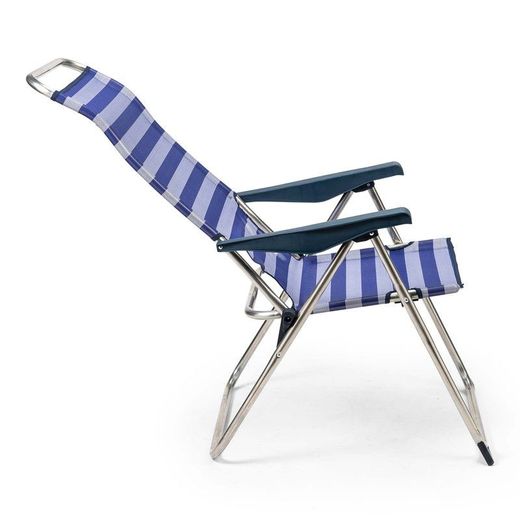 Sedia da spiaggia pieghevole con braccioli, 63 x 67 x 114 cm, in alluminio e textilene blu e bianco | Collezione Beach