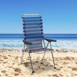 Sedia da spiaggia pieghevole con braccioli, 63 x 67 x 114 cm, in alluminio e textilene blu e bianco | Collezione Beach