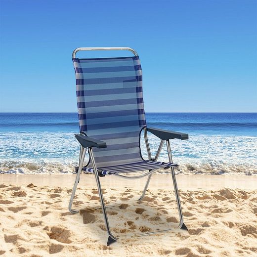 Sedia da spiaggia pieghevole con braccioli, 63 x 67 x 114 cm, in alluminio e textilene blu e bianco | Collezione Beach