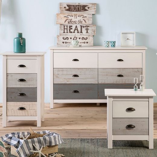 Comò, 46 x 35 x 80 cm, in legno di pino bianco e grigio | Collezione Romantica