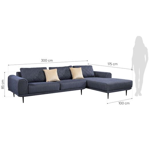 Sofá con Chaiselongue a la Derecha Pärumm Abruzzo 300x95/175x85 cm Azul Jaspeado con Cojines