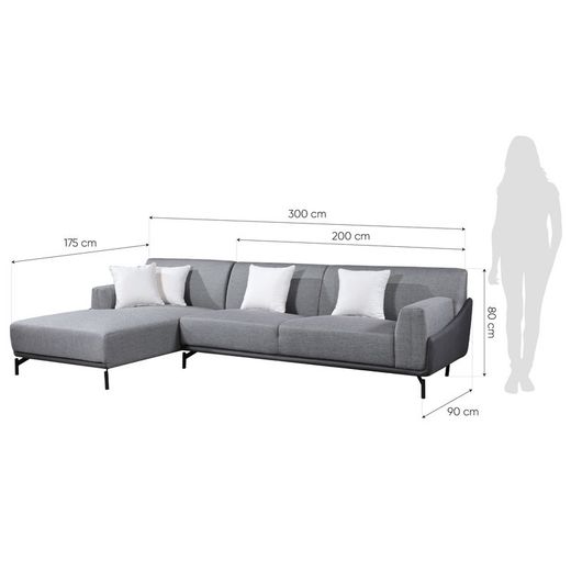 Divano con Chaise Longue a Sinistra, 300 x 90/175 x 80 cm, 3 posti grigio con cuscini | Collezione Puglia Pärumm